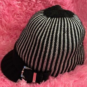 Michael Kors Black and Silver Metallic Knit Hat with Silver Buckle